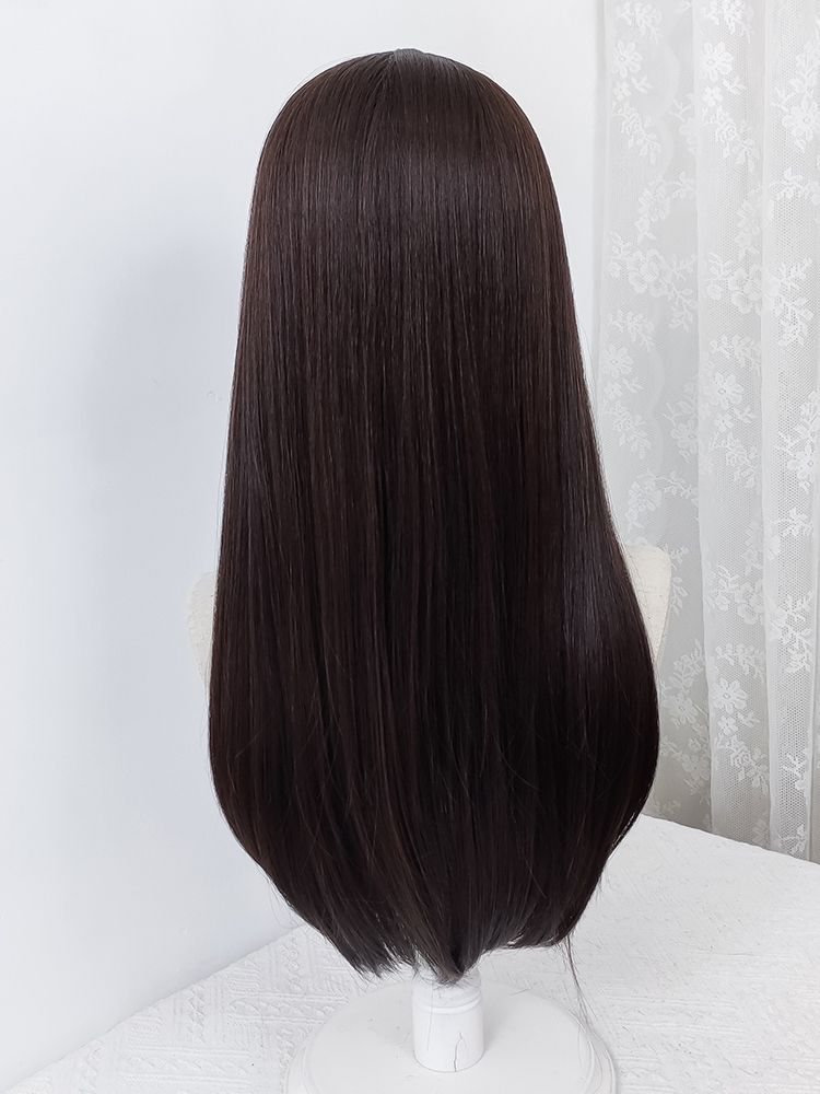 Dark Brown Hime Cut Long Straight Lolita Synthetic Wig