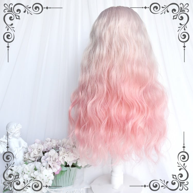 White Peach Beige to Pink Ombre Long Wavy Lolita Synthetic Wig