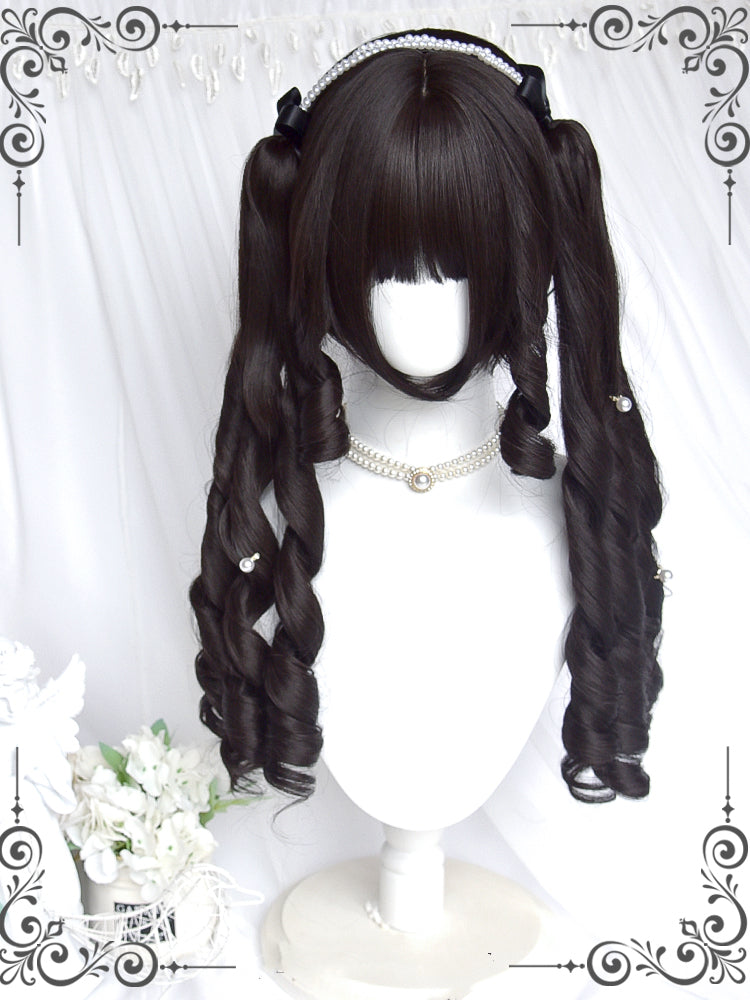 Fabletown Retro Black Short Wig with Sausage Curls Double Ponytails