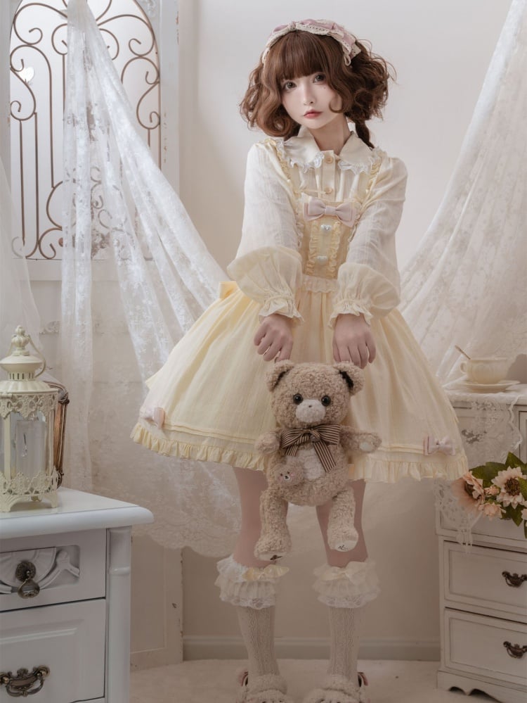 Bubble Cream Big Bow Ruffle Trim Overall Dress