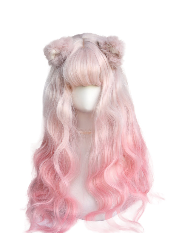 White Peach Beige to Pink Ombre Long Wavy Lolita Synthetic Wig