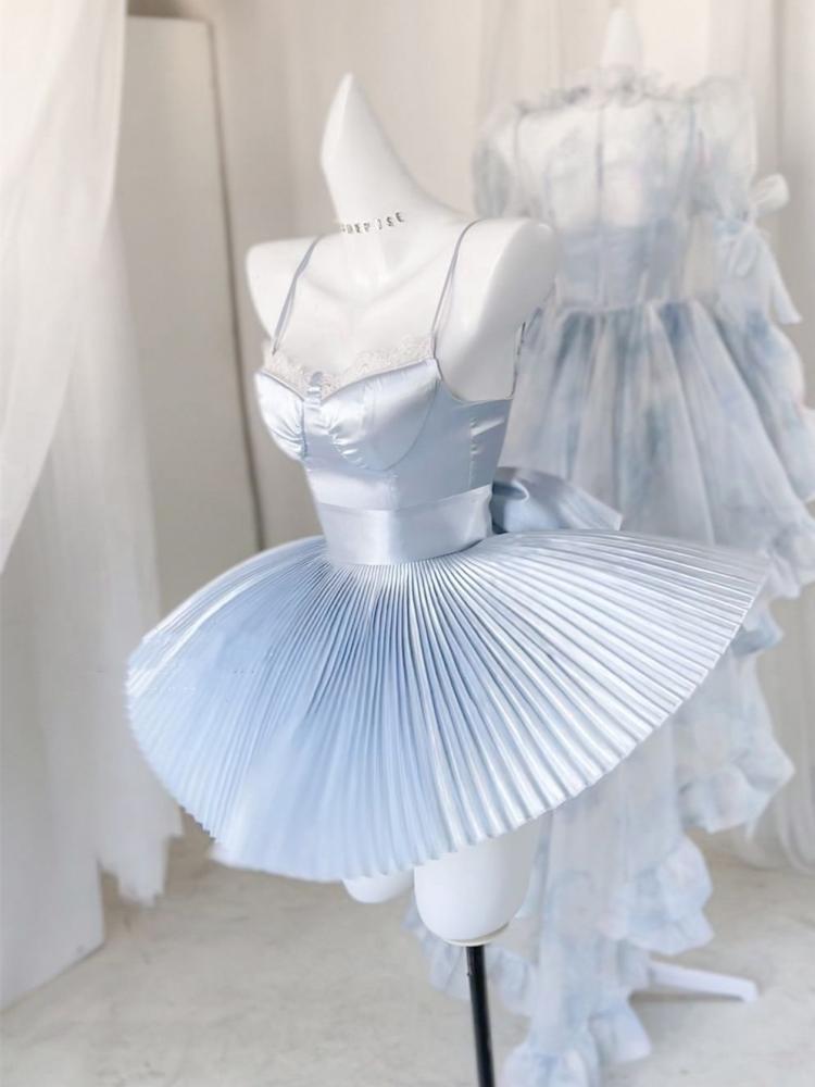 Blue Satin Balletcore Pleated Jumper Skirt