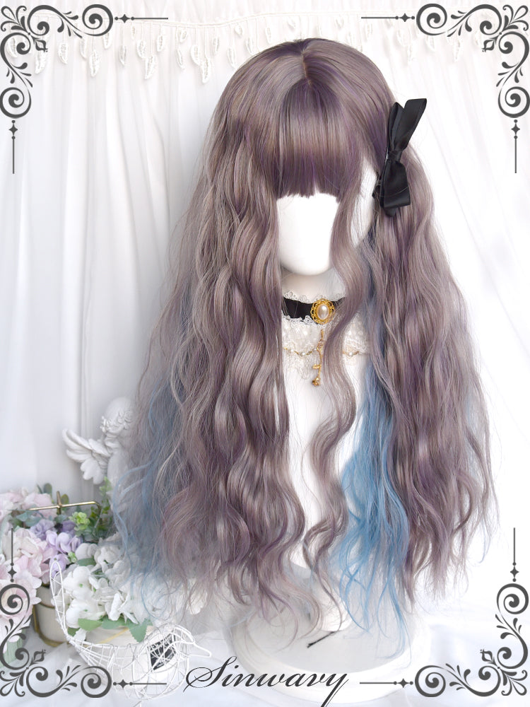 Dusty Brown Highlight Blue Long Curly Synthetic Wig