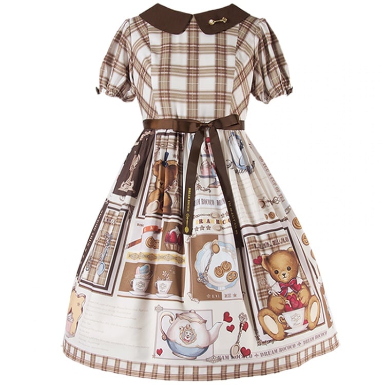 Bear's Tea Party Bear Print Plaid Pattern Short Sleeves Lolita OP