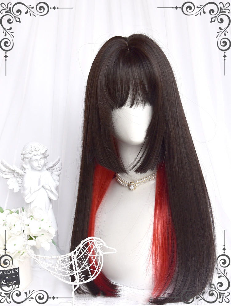 Hearts Q Black Highlights Red Long Straight Synthetic Wig