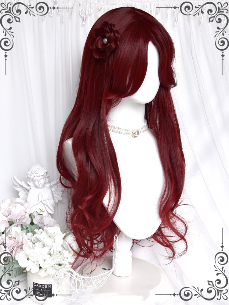 Cherry Red Curtain Bangs Long Wavy Synthetic Wig