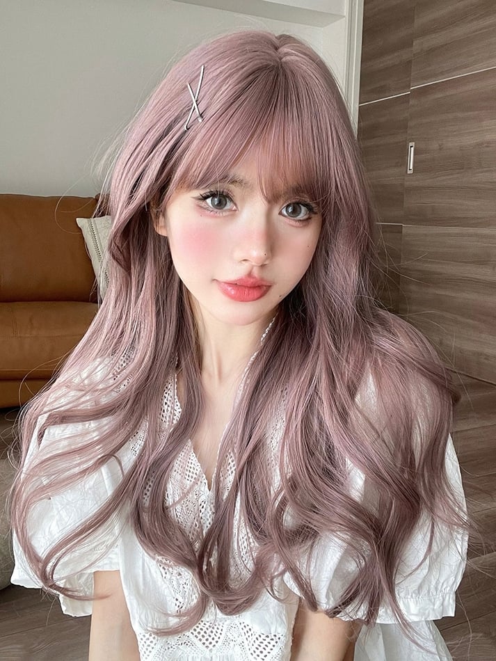 Purple Long Wavy Synthetic Wig with Air Bangs