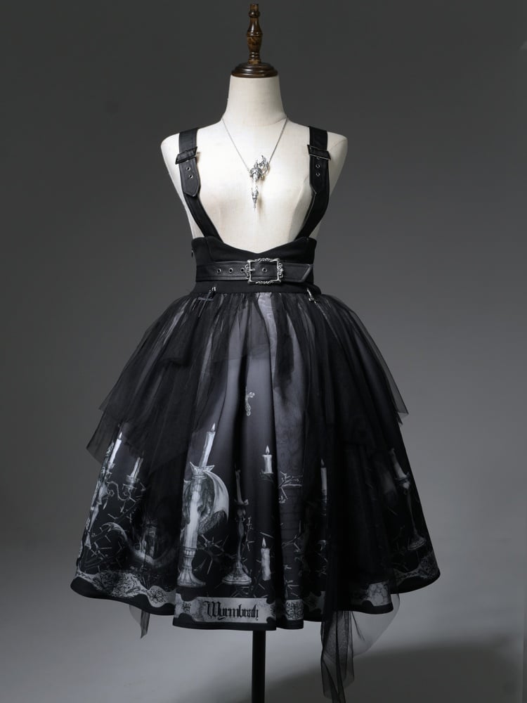 Dragon's Breath Black Candle Print High Waist Lolita Skirt with Straps - Sukuroi