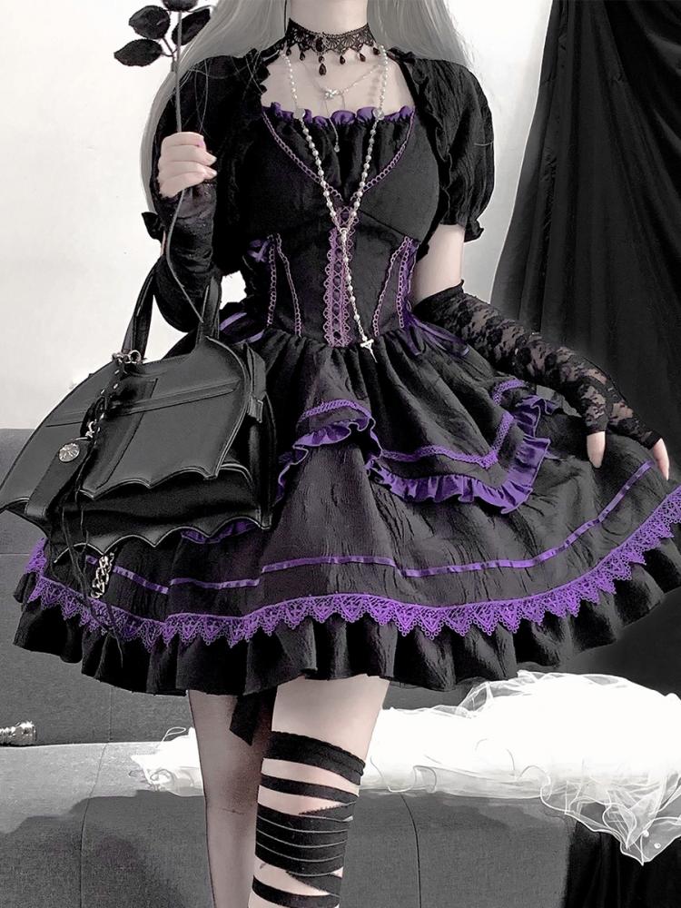 Black and Purple Lace-up Detail Gothic Jumper Skirt With Bow Train Halloween Dress