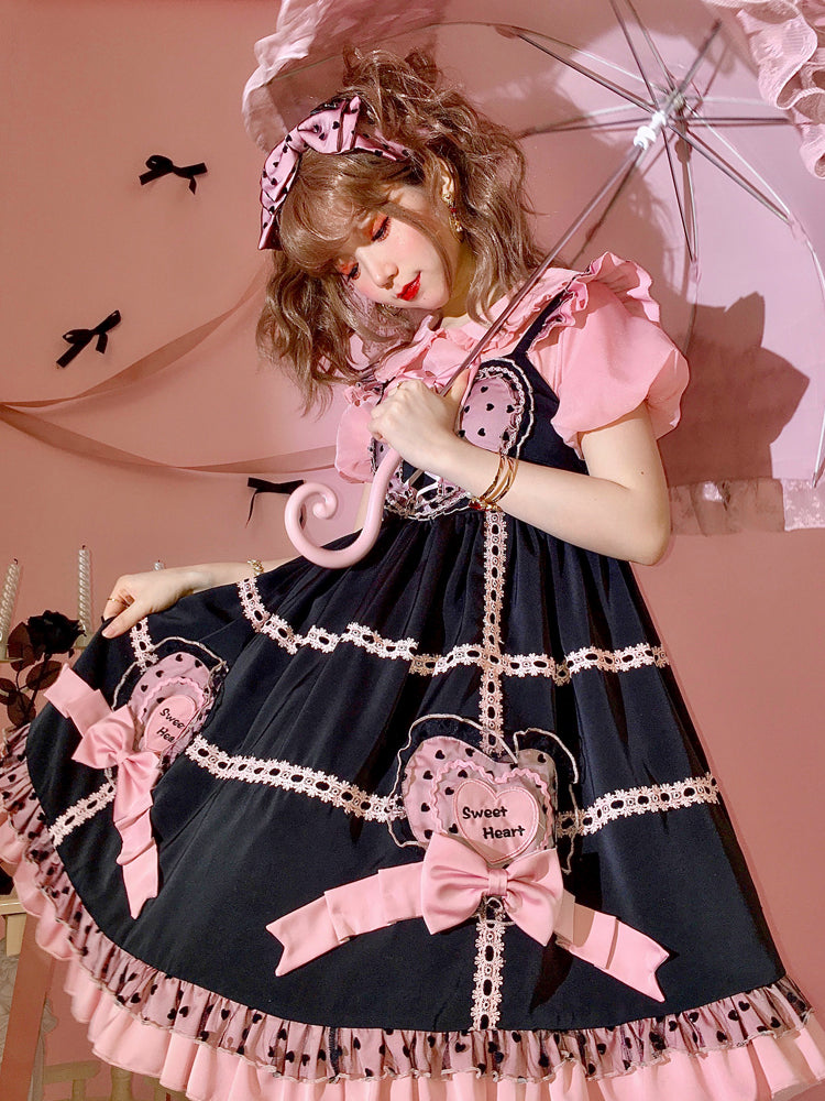 Black Chocolate Sweetheart Heart-shaped Bodice Bowknot Details High Waist Jumper Skirt