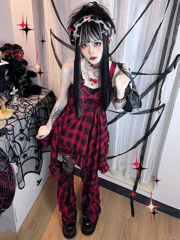 Scarlet Red Plaid Punk Jumper Skirt Handkerchief Hem Idol Dress