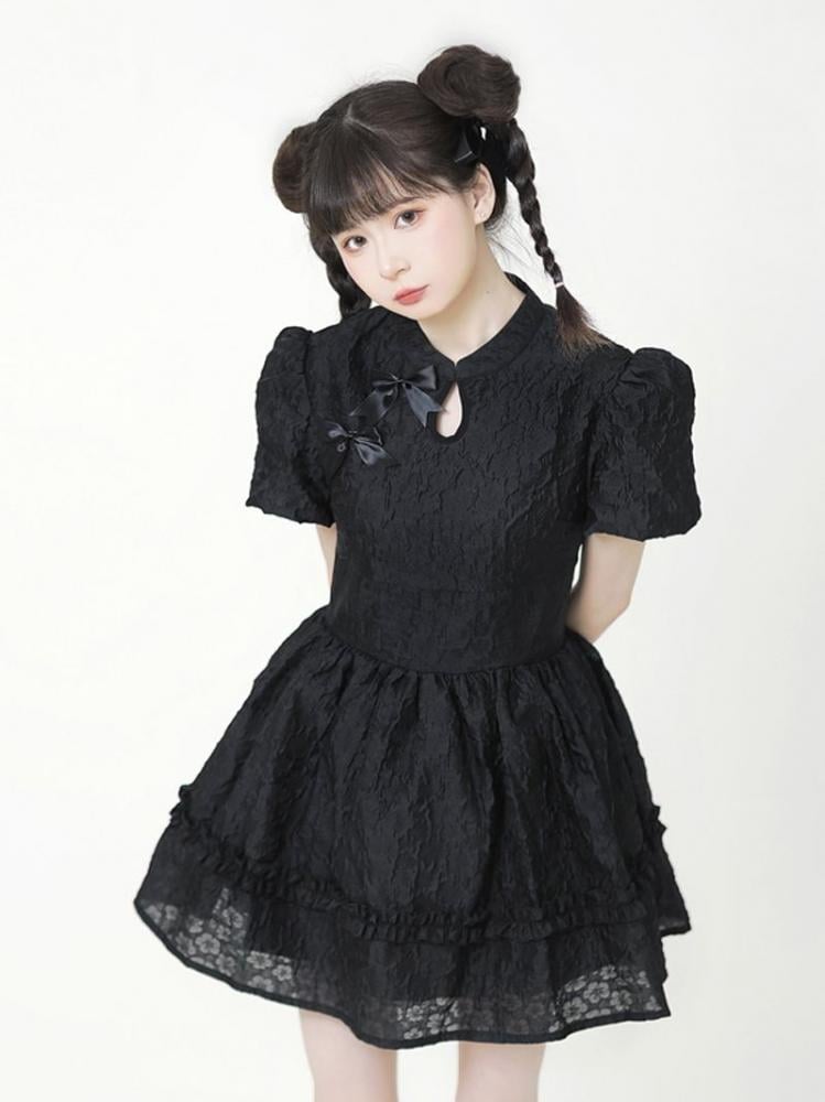 Black and White Qi Lolita Banded Collar Short Sleeves One Piece