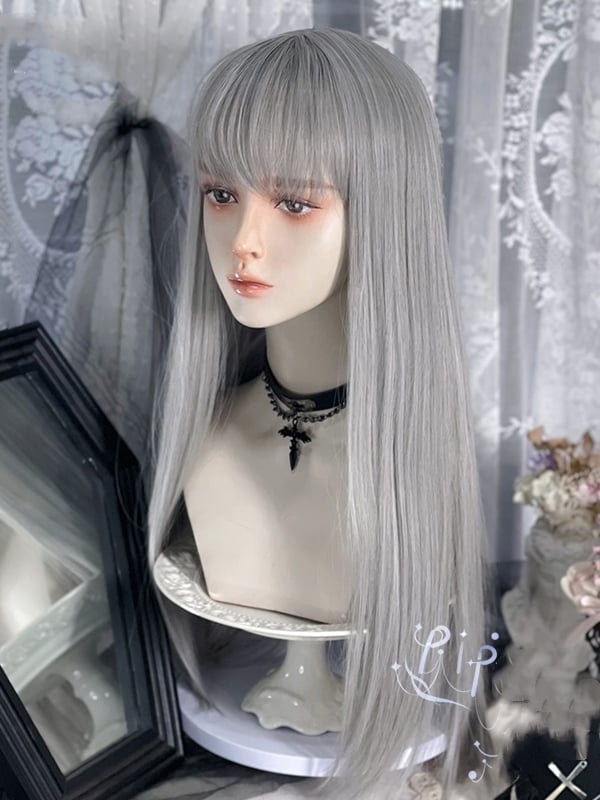 Gray Long Straight Synthetic Wig with Air Bangs