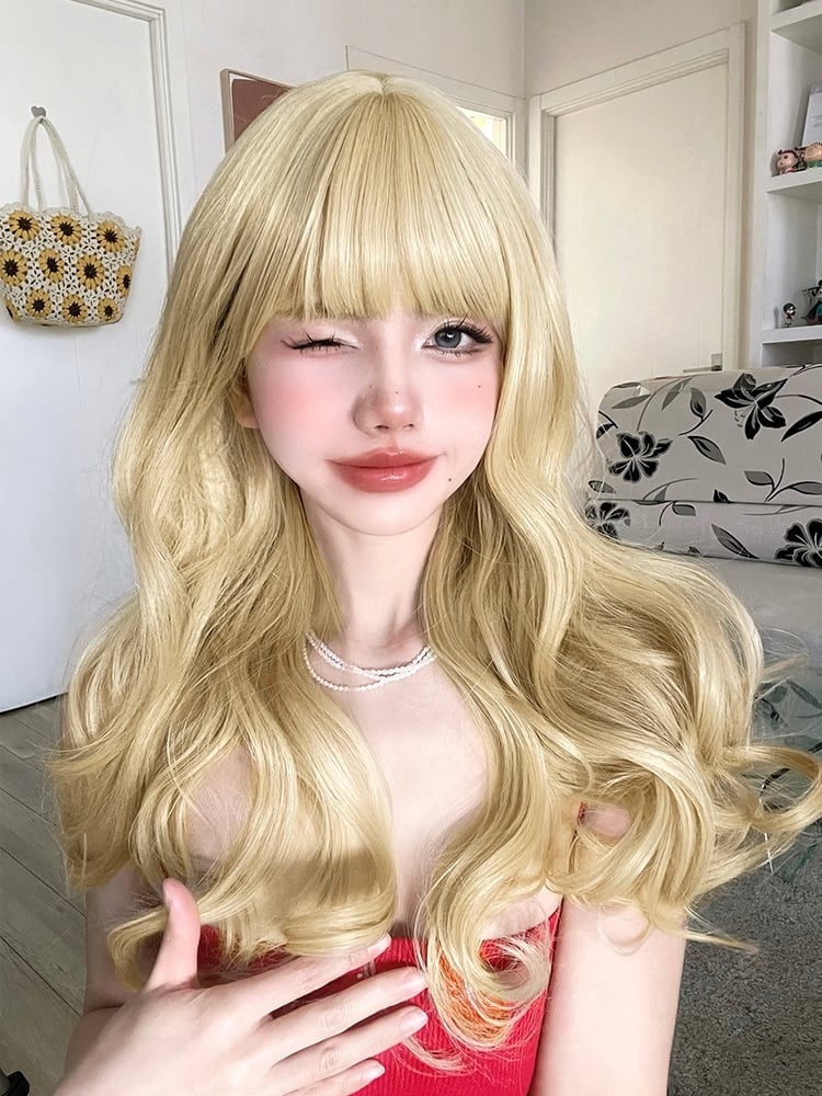 Blonde Medium Length Synthetic Wavy Wig with Full Bangs