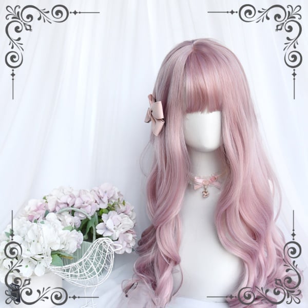 Spring Sakura Sweet Pink Long Wavy Wig with Bangs