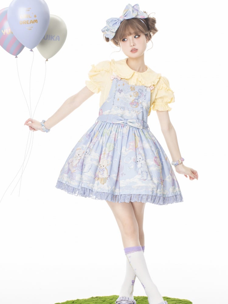 Blue Teddy Bear Print Skirt Sweet Overalls