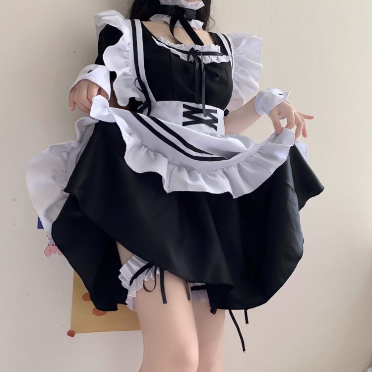 Black and White Puff Sleeves Maid Dress Full Set