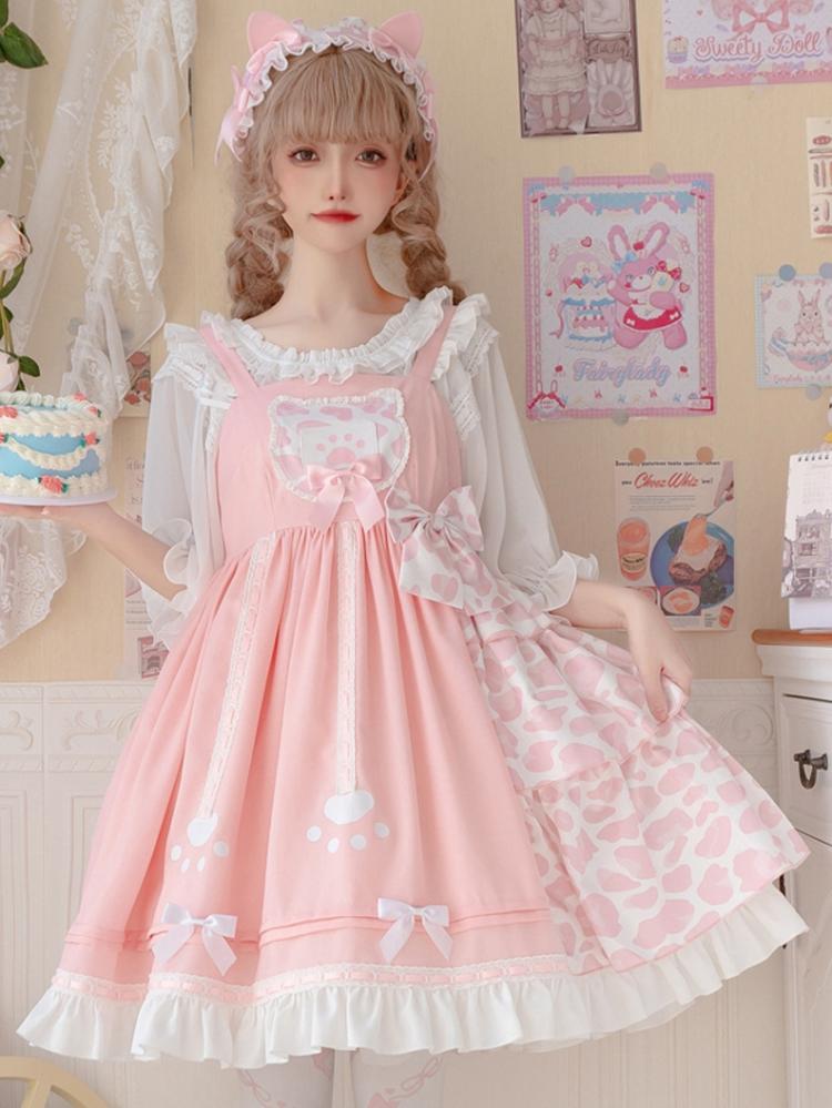 Claw Planet Pink Bowknot Details High Waist Ruffle Hem Jumper Skirt