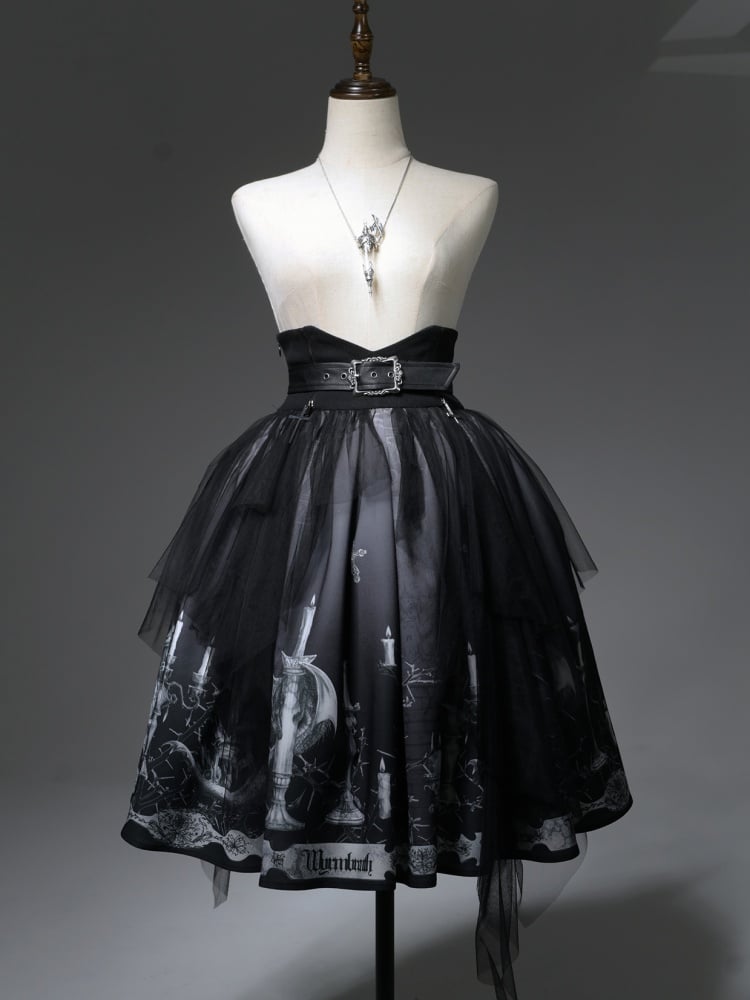 Dragon's Breath Black Candle Print High Waist Lolita Skirt with Straps - Sukuroi