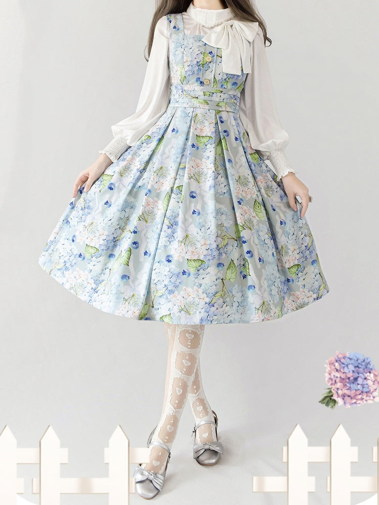 Forest Basket 2.0 Color Blue Blueberry and Hydrangea Print Square Neckline Lolita JSK