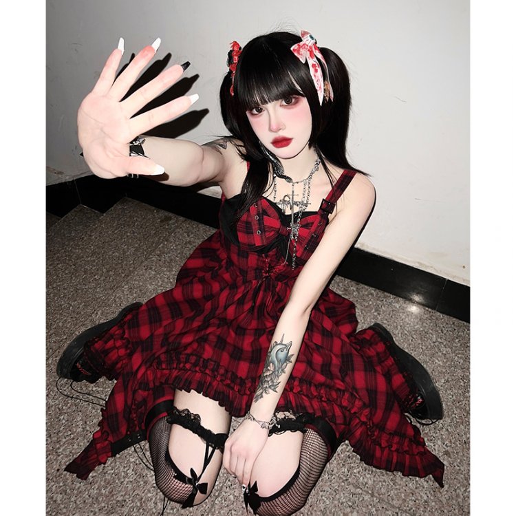 Scarlet Red Plaid Punk Jumper Skirt Handkerchief Hem Idol Dress