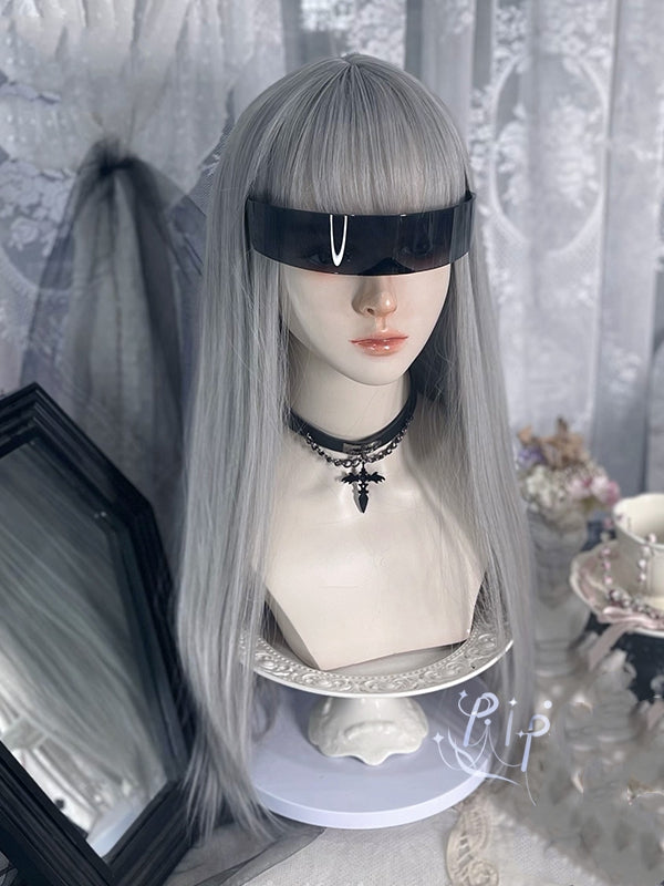 Gray Long Straight Synthetic Wig with Air Bangs