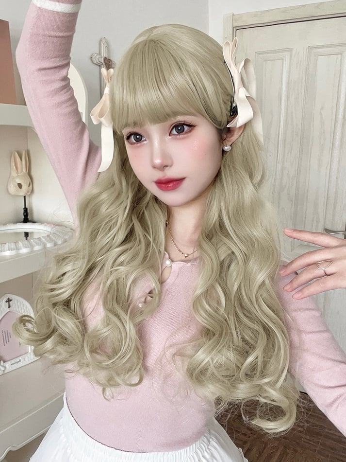 Beige Long Synthetic Wavy Wig with Full Bangs