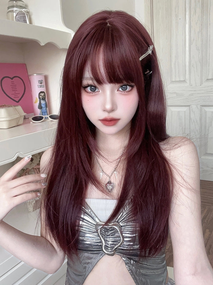 Dark Red Long Straight Synthetic Wig with Full Bangs