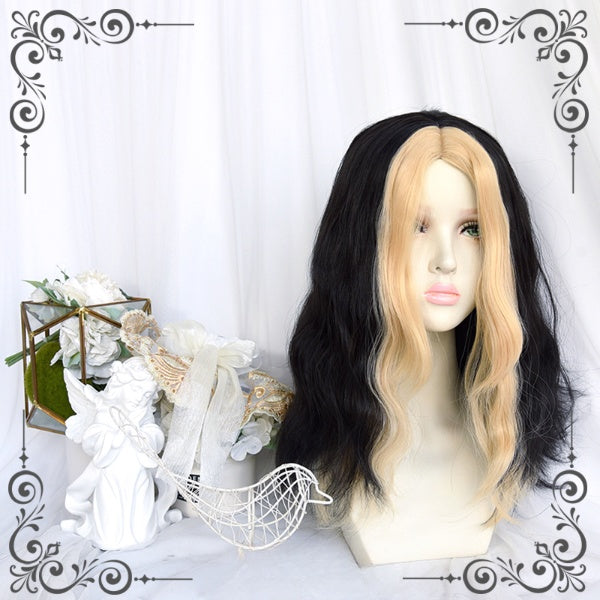 Center Parting Blonde Front Black Back Mid-length Wavy Wig