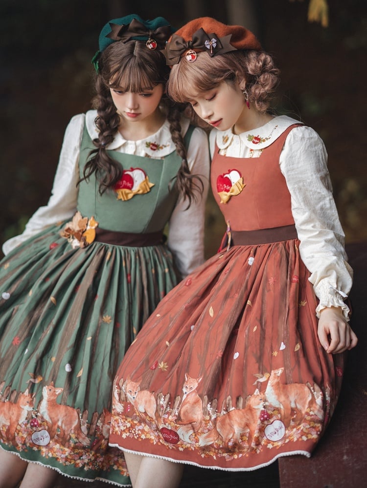 Green Apple Embroidery Bodice Forset Fox Print Jumper Skirt