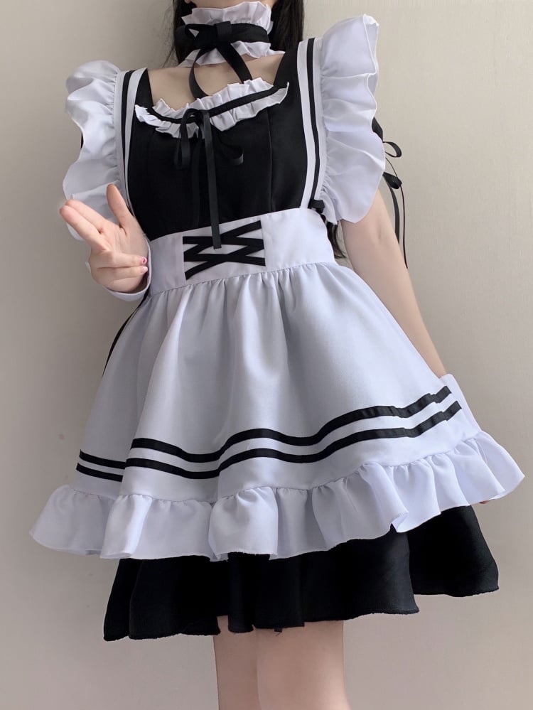 Black and White Puff Sleeves Maid Dress Full Set