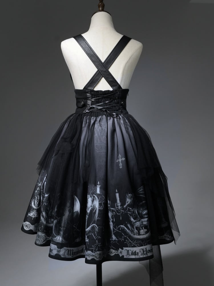 Dragon's Breath Black Candle Print High Waist Lolita Skirt with Straps - Sukuroi