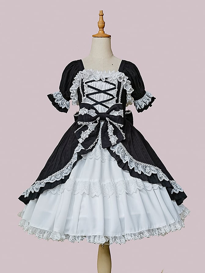 Clearance-Size M for Bust 90CM White and Black Bowknot Details Ruffle Neckline Short Sleeves One Piece - Sukuroi