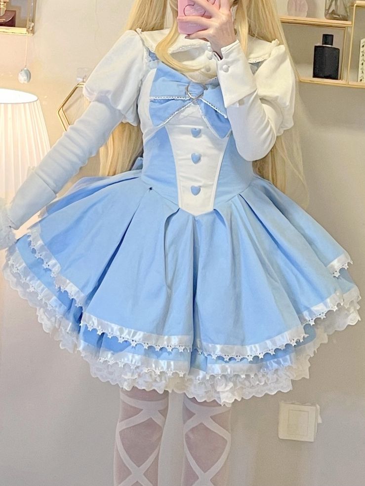 Blue Big Bow Jumper Skirt Tieres Ruffle Skirt with Bowknots Hairclips and Train