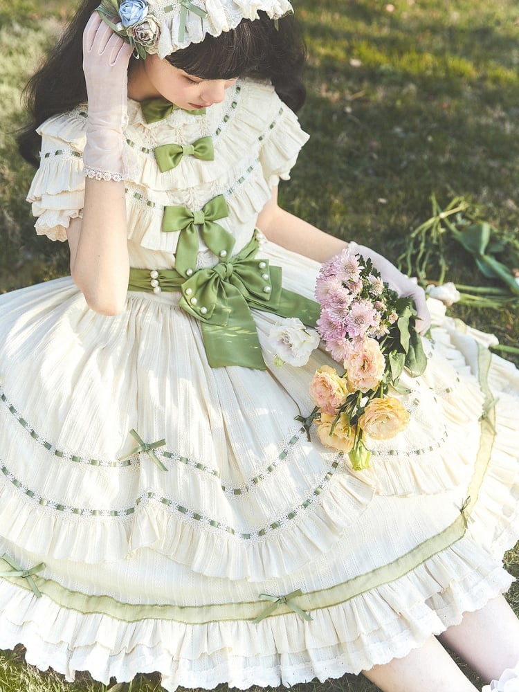 Beige and Green Ruffles Neckline Bowknots High Waist One Piece