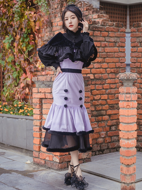 Flower Vine Black and Purple Mermaid Skirt Lolita JSK+Shawl Set