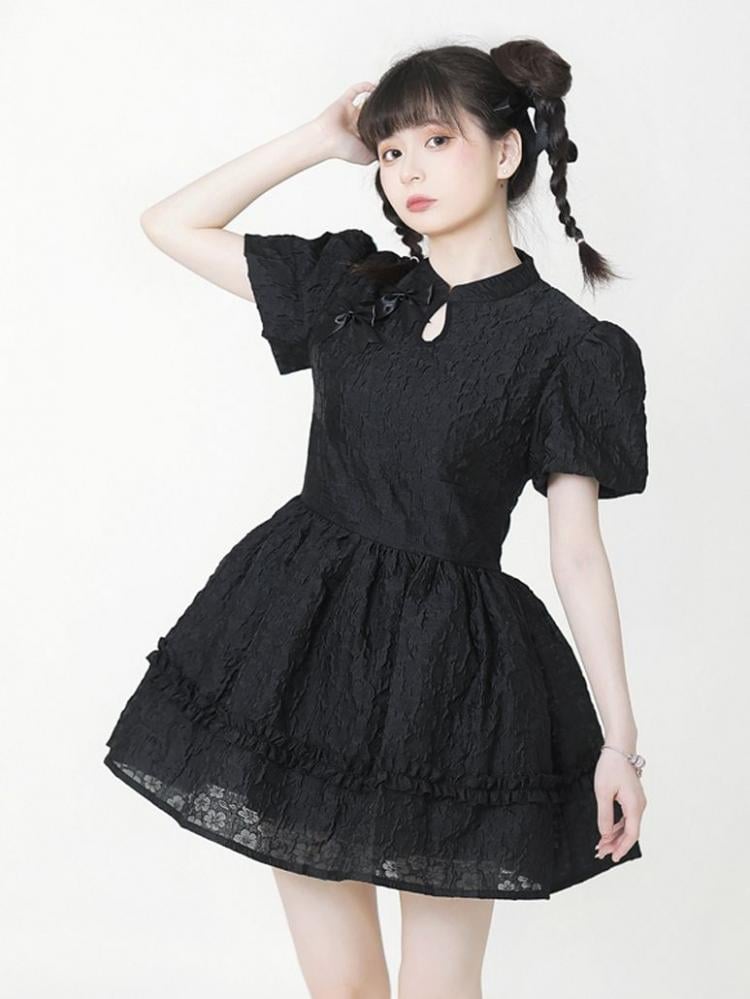 Black and White Qi Lolita Banded Collar Short Sleeves One Piece