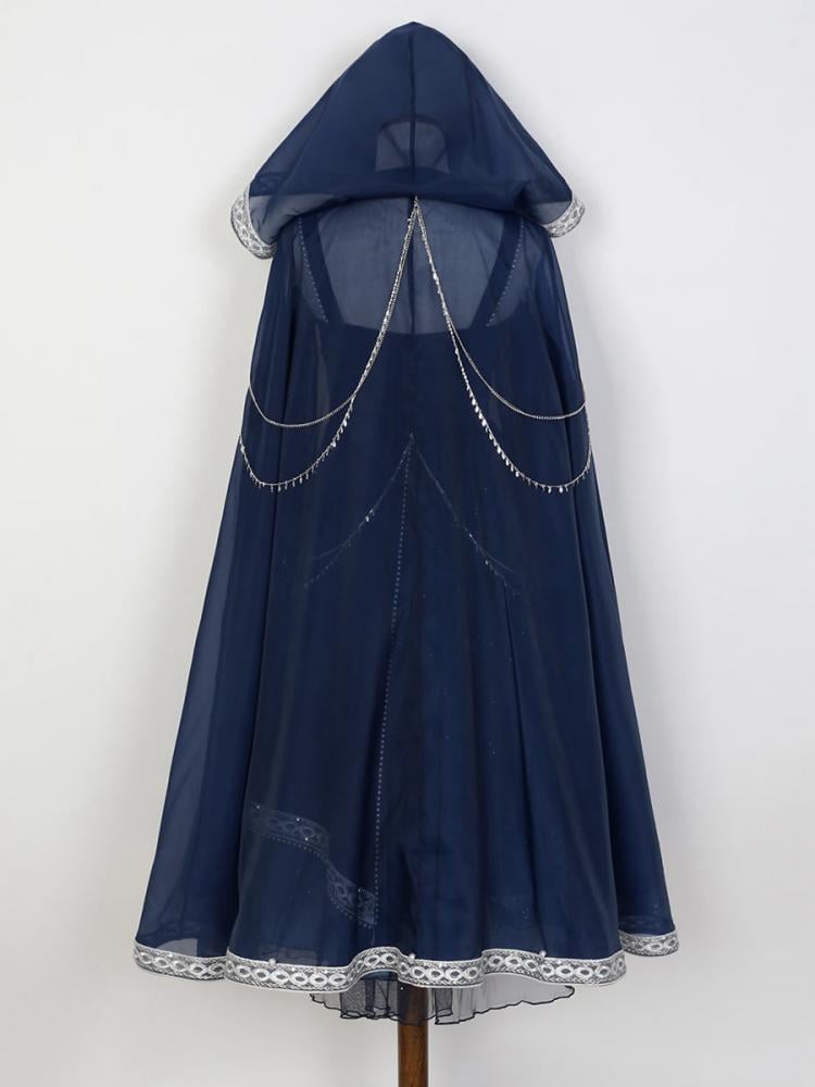 Dreamy Starry Night Dark Blue Butterfly Embroidery Long Dress + Cloak Set with Chains