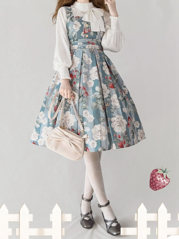 Forest Basket 2.0 Color Dusty Blue Strawberry and Rose Print Square Neckline Jumper Skirt