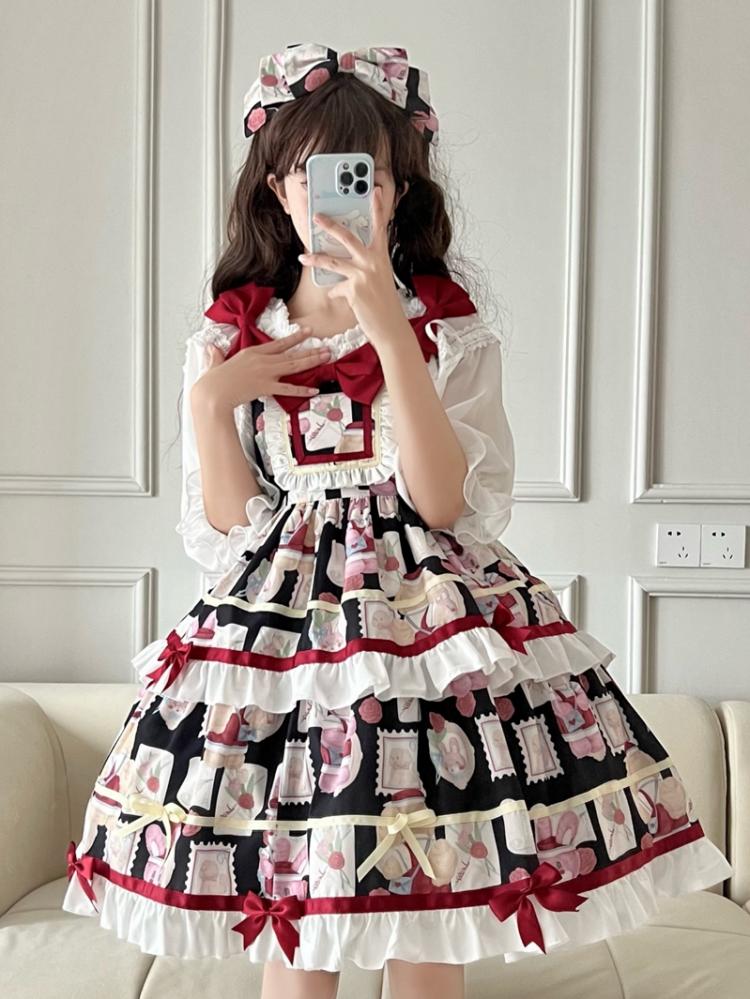 Black and Red Bunny Print Jumper Skirt Bowknot Details High Waist