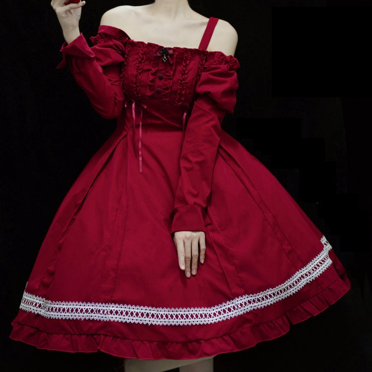 Fog Night Sleep Red Square Neckline Leg-of-mutton Sleeves One Piece