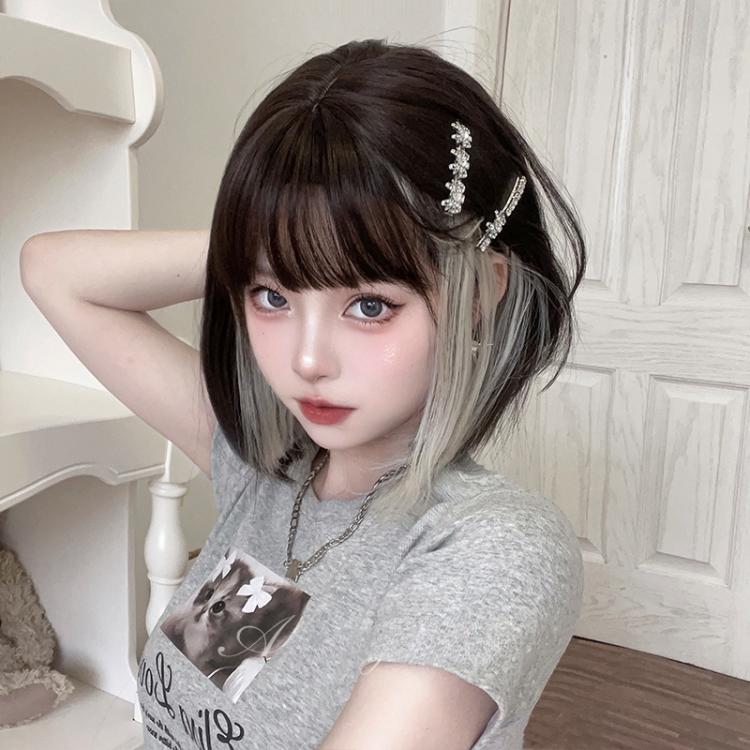 Black Brown and Grey Highlight Hair Color Bob Cut Straight Synthetic Wig