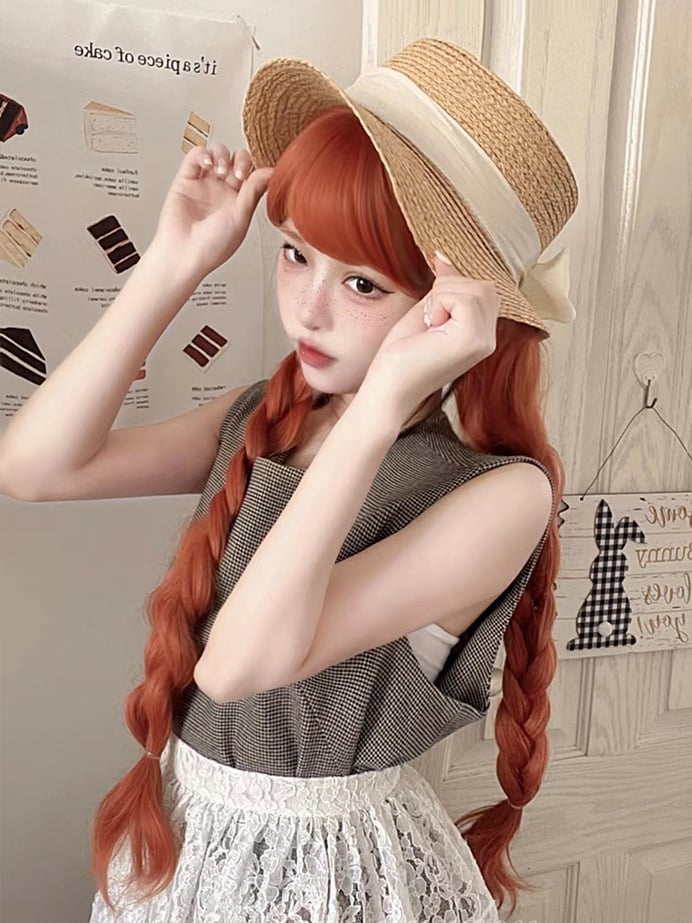 Orange Waist Length Synthetic Wavy Wig with Full Bangs