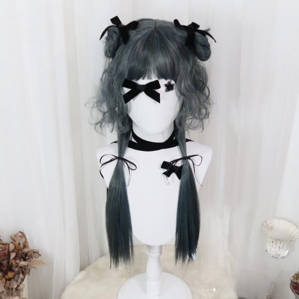 In Stock Ink Blue Curly Bangs Wig