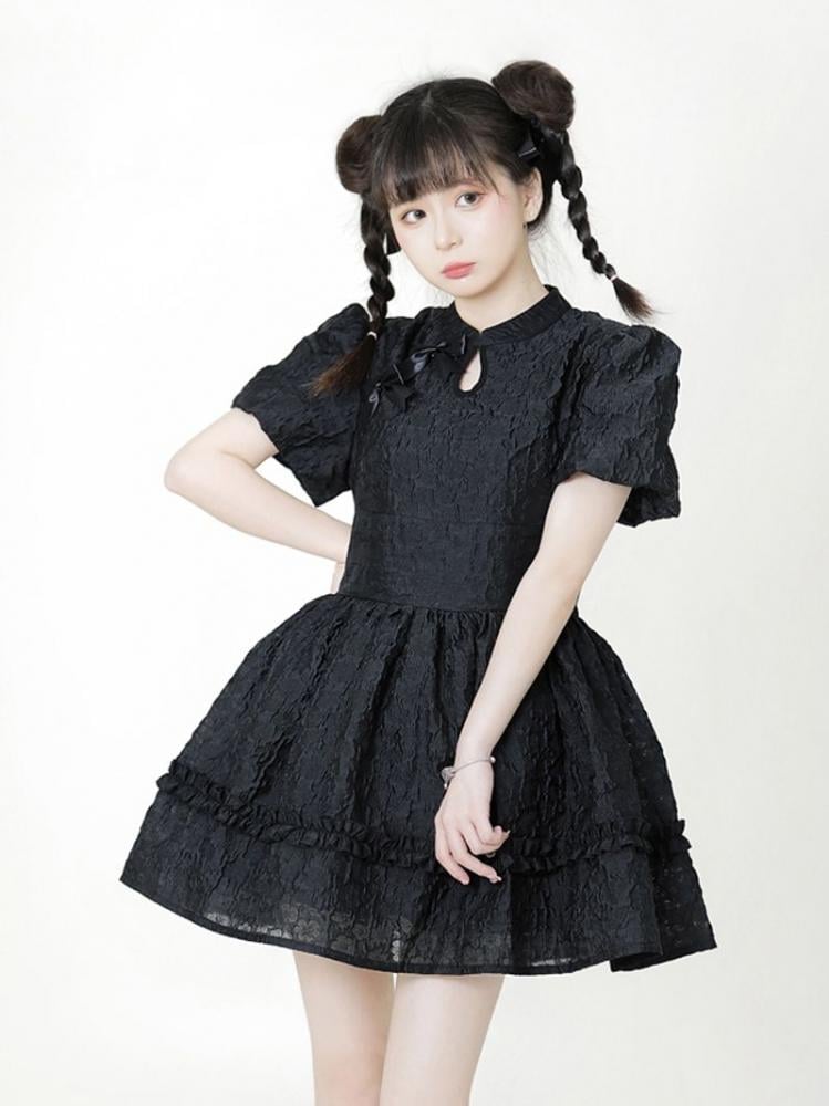 Black and White Qi Lolita Banded Collar Short Sleeves One Piece