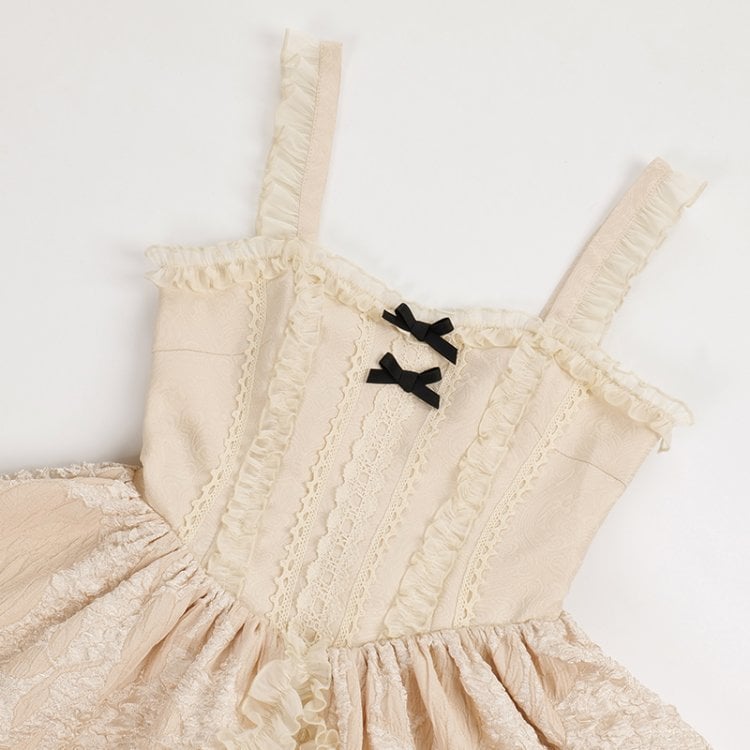 Beige Basque Waist Jumper Skirt Tiered Lace Ruffles Dress