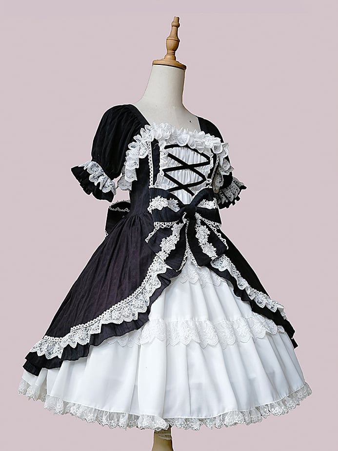 Clearance-Size M for Bust 90CM White and Black Bowknot Details Ruffle Neckline Short Sleeves One Piece - Sukuroi