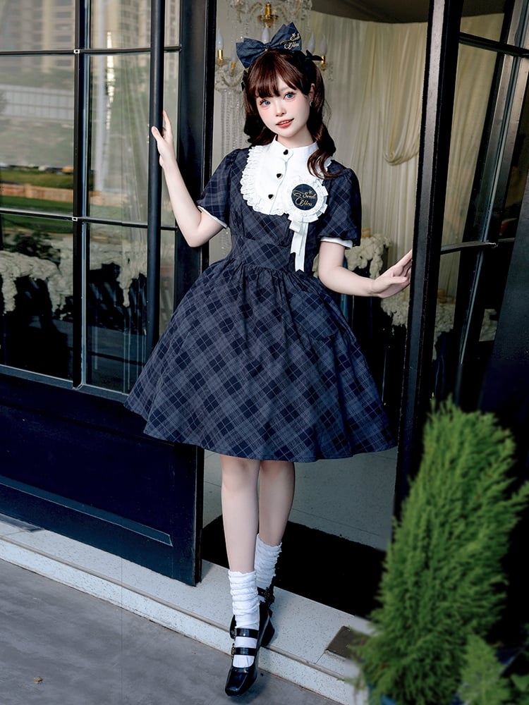 Black Plaid Pattern Dress Puff Sleeves One Piece