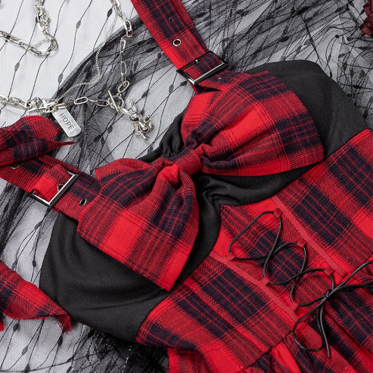 Scarlet Red Plaid Punk Jumper Skirt Handkerchief Hem Idol Dress