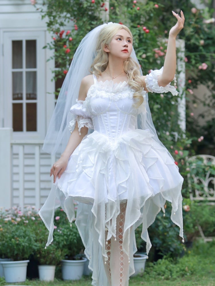 White Balletcore Corset Jumper Skirt Basque Waist Princess Dress with Sleeves and Bow Train